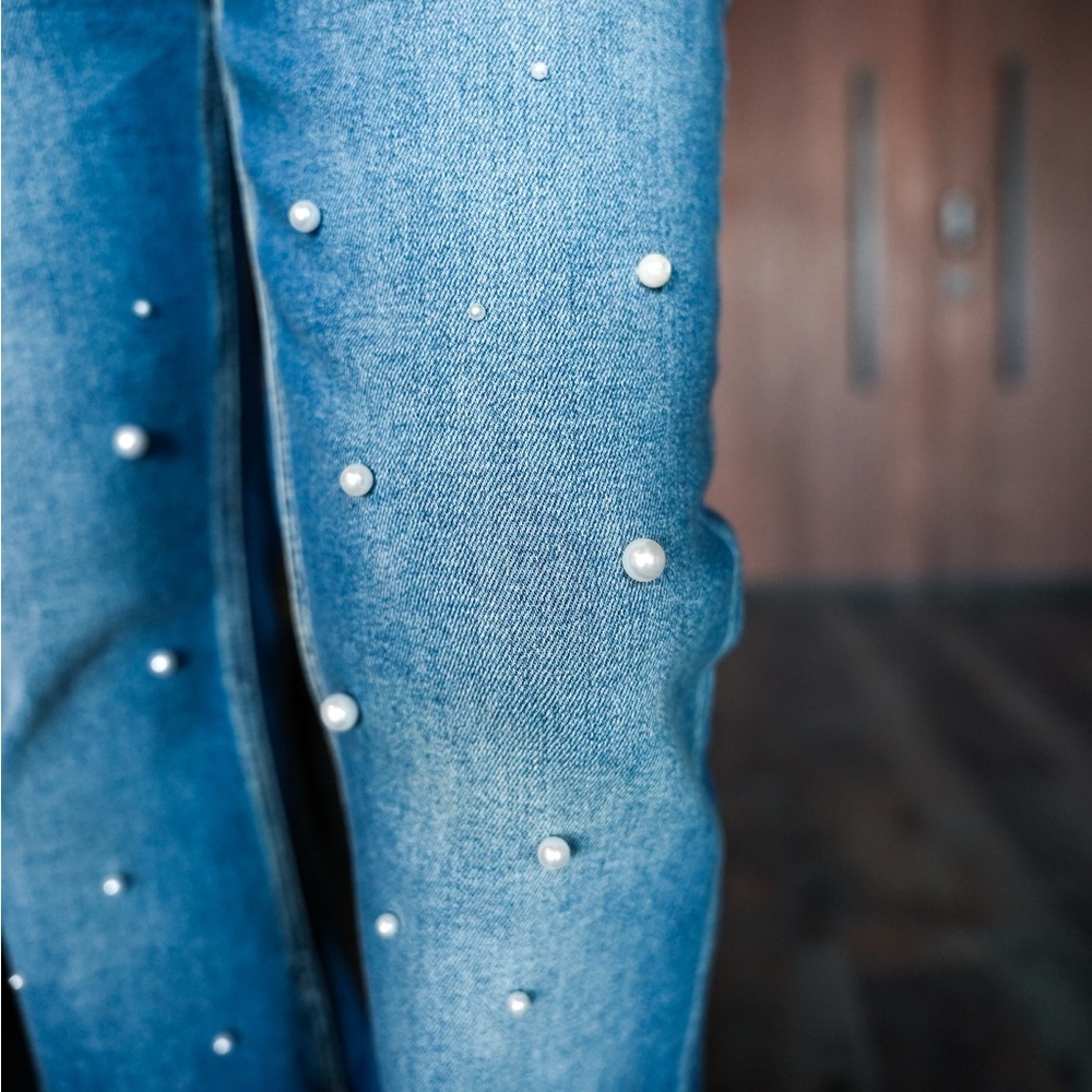 Elegant Blue Pearl-Studded Flare Jeans